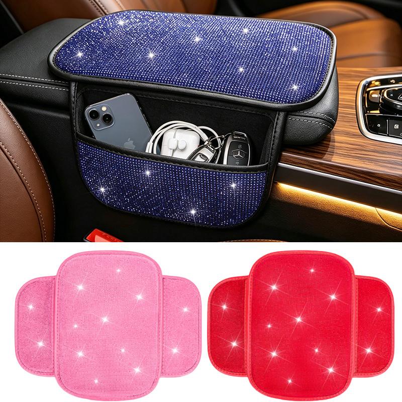 Bling Car Armrest Box Cushion With Side Phone Pocket Rhinestones Auto Center Console Protector Pad For Women Interior Accessorie