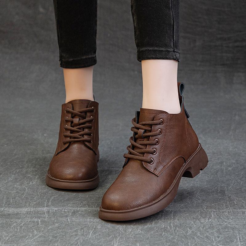 Cowhide Short Boots Genuine Leather Single Boots Flat Bottomed Martin Boots Versatile Comfortable Soft Soled Casual Women's Shoes Short Boots