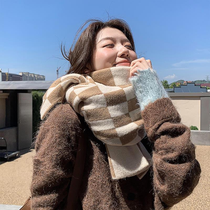 New Style Scarf for Women Knitted Autumn and Winter Student Korean Version Ins Style High Looking Cute Versatile Checkerboard Warm Scarf