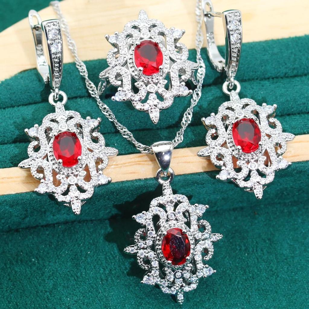 Personalisierte 925 Silber Schmuck Sets für Frauen Hochzeit Rot Zirkon Armband Ohrringe Halskette Anhänger Ring Urlaub Geschenke