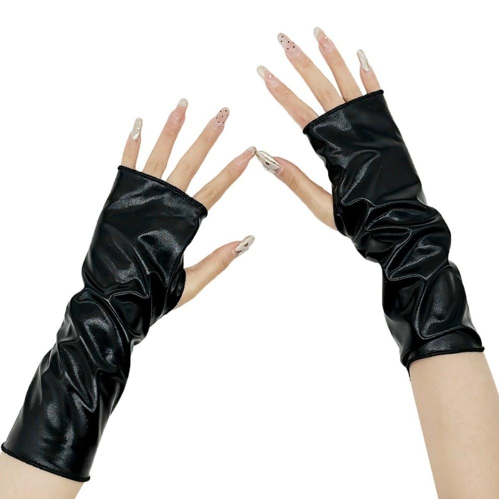 1 Pair Glossy Finish Fingerless Gloves Imitation Leather Performance Gloves  Stage Performance