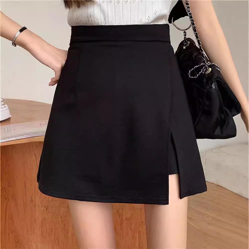 Women's 2024 Spring High-Waist Black A-Line Skirt - Korean Style