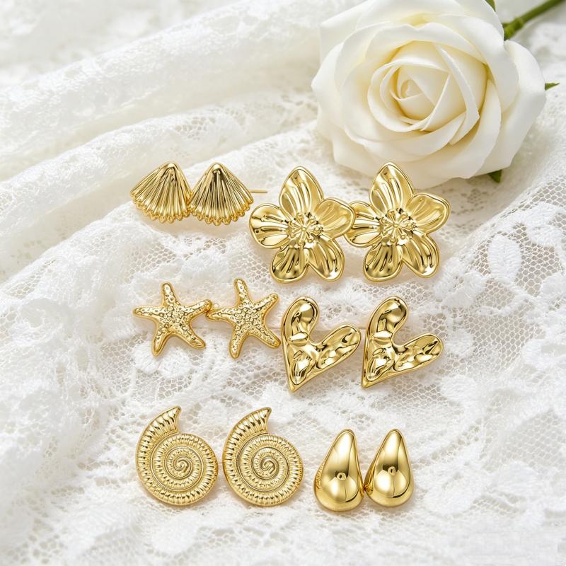 6Pairs Boho Gold Ocean Earrings Set for Women Shell Starfish Flower Heart Studs Summer Beach Party Daily Wear Jewelry Gift