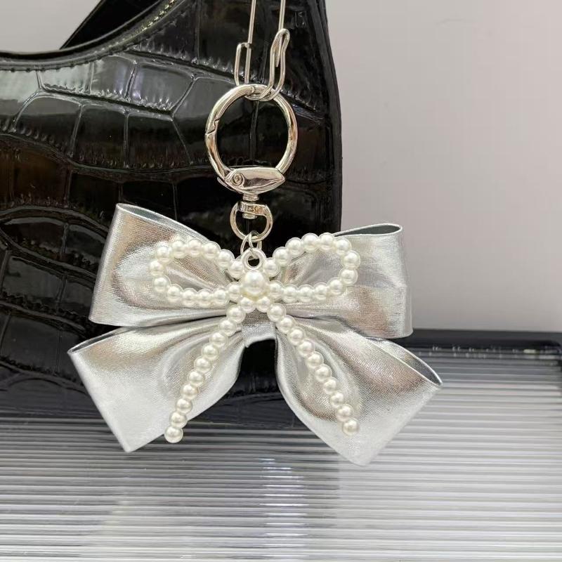 Pearl Leather Bow Keychain Bow Beaded Charm Pendant Keyring Jewelry For Girl Women Gift Bag Decoration