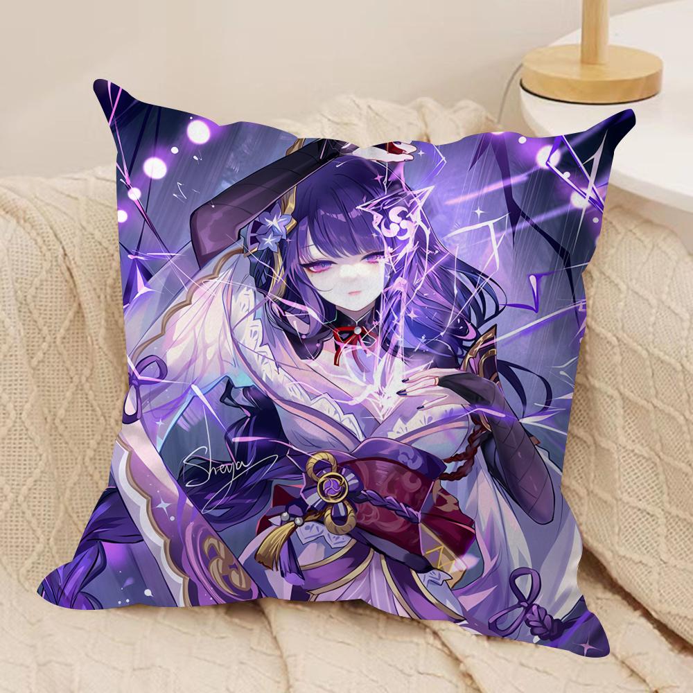 Raiden Shogun Genshin Impact Cushion Cover Silky Short Plush Invisible Zipper Dustproof Sofa Pillow Case For Home Decor
