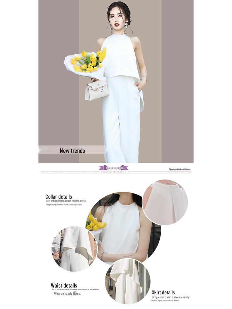 Eleganter einfarbiger Neckholder-Jumpsuit: Ärmelloses Oberteil & Weitbeinige Hosen für Damen