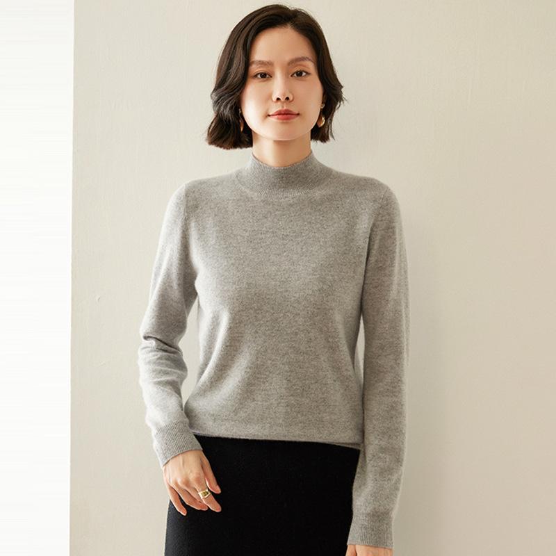Women's Loose Fit Cashmere Half-High Neck Sweater - Soft, Classic Autumn/Winter Knit Base Layer