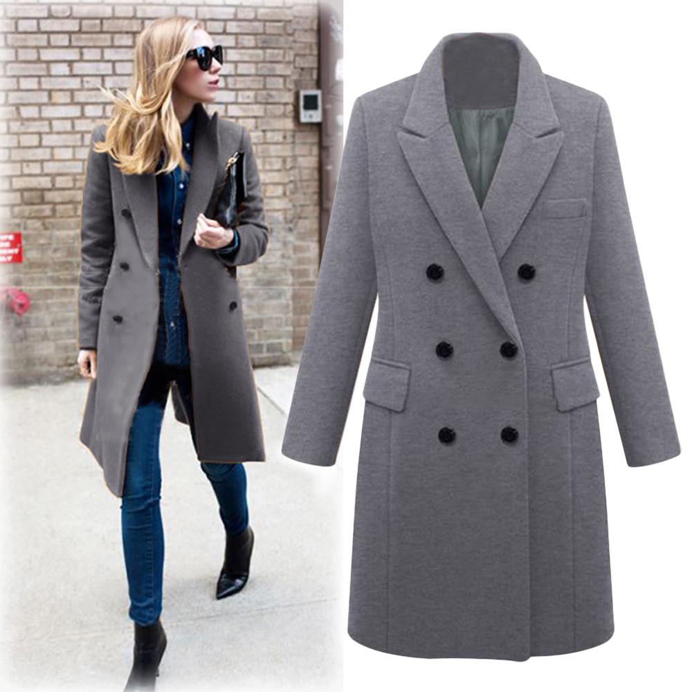 Damen Winter Revers Wollmantel Trenchcoat Lange Mantel Outwear