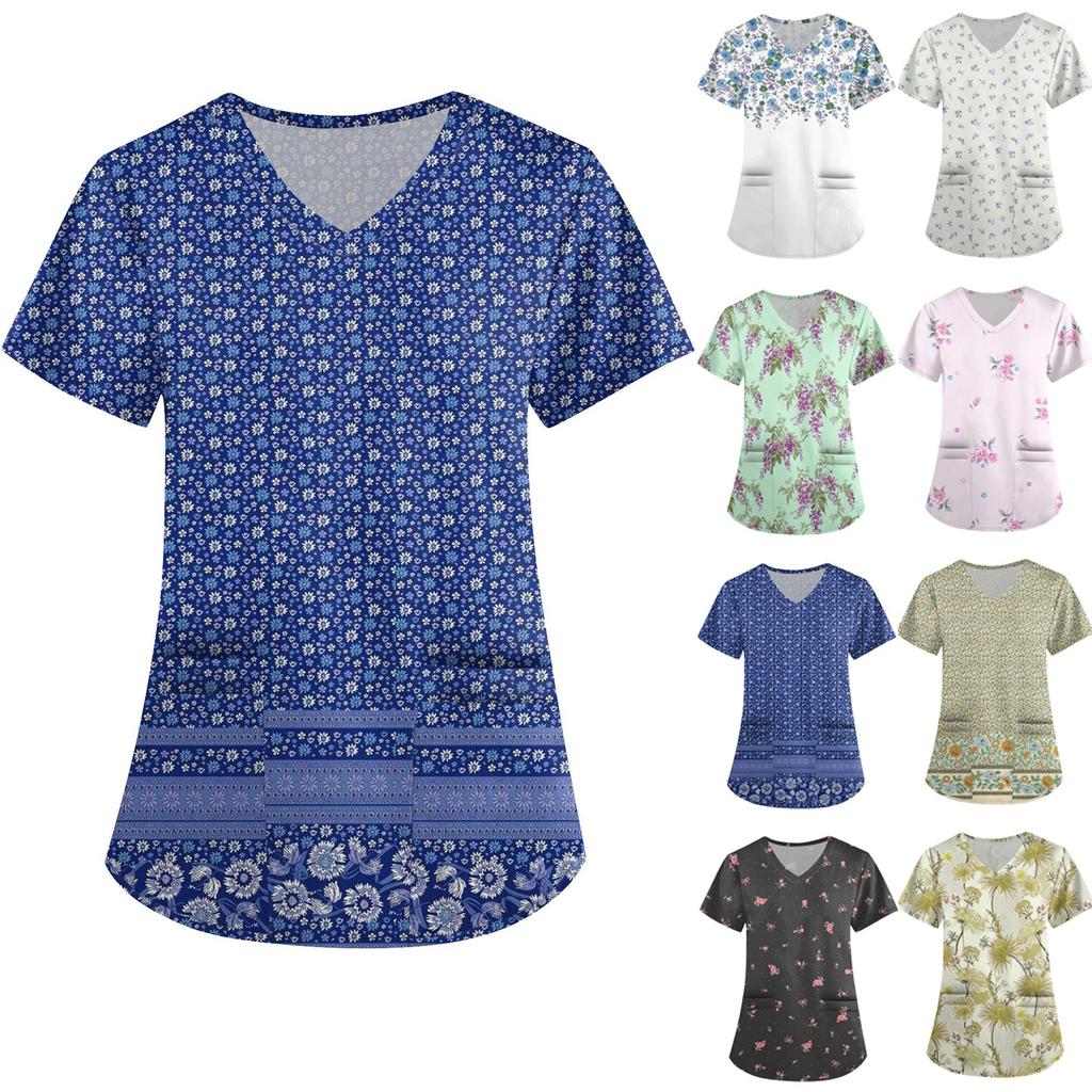 Women's Cute Printed Work Clothes V-neck Double Layer Pockets Basic Short Sleeve Top Pullover Valentines