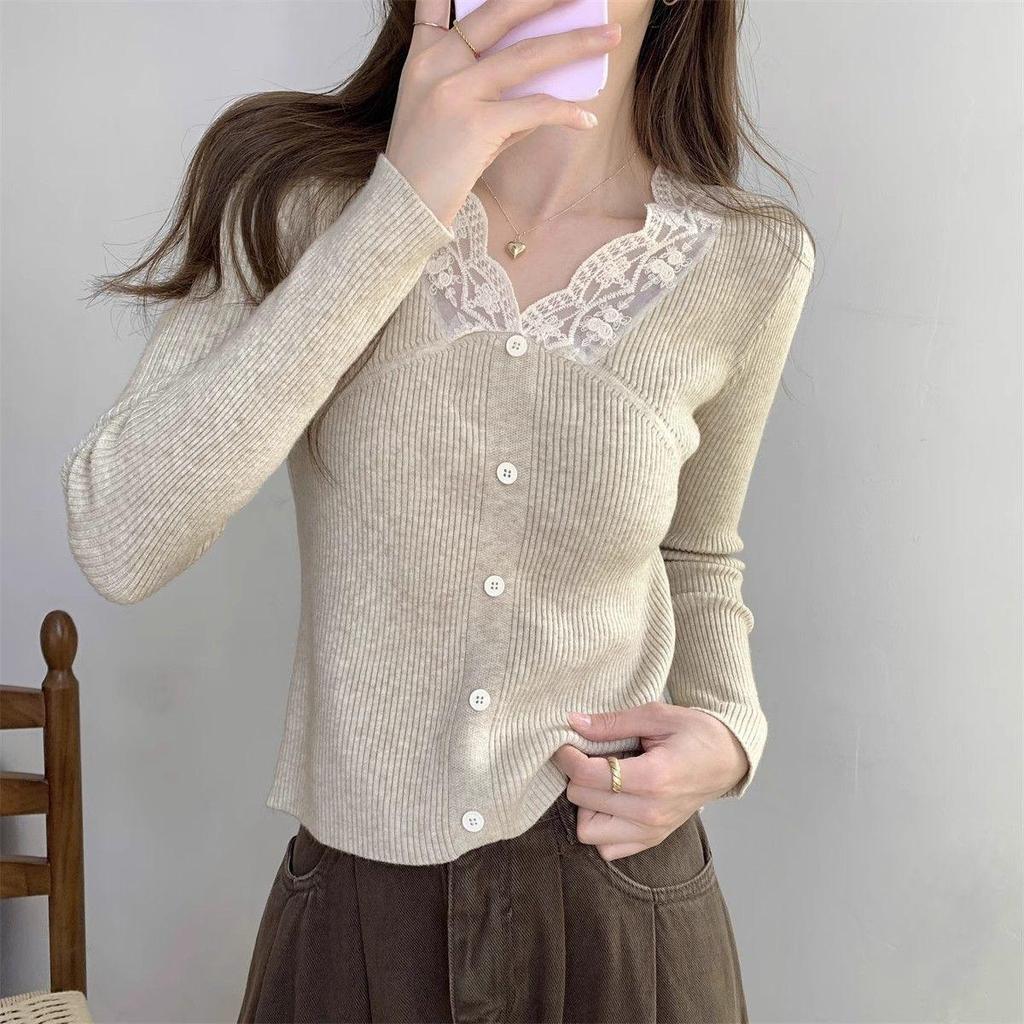 2025 Spring/Autumn Fashion Lace Patchwork Slim Fit Long Sleeve Knit Top