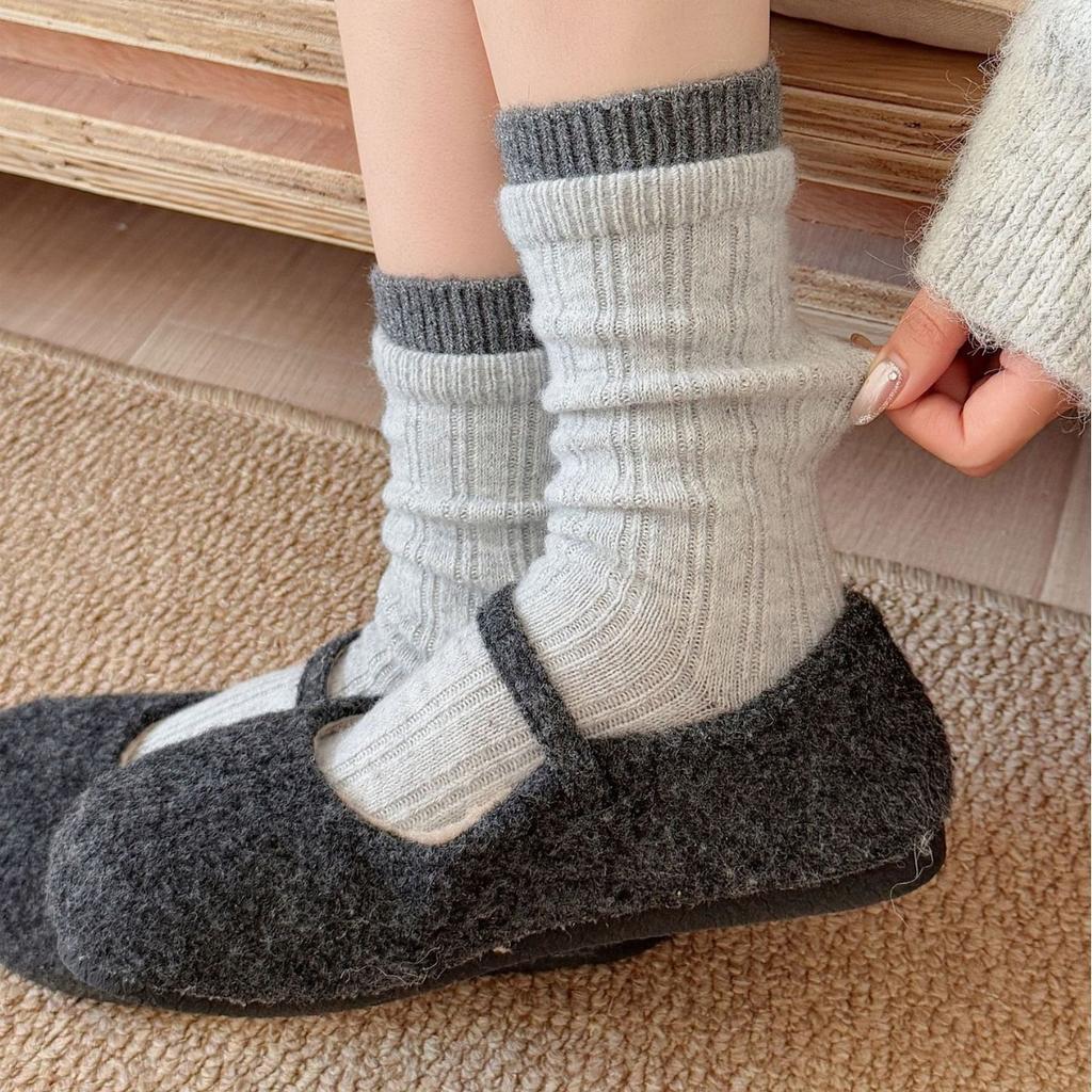 Simple and Versatile Wool Socks for Autumn and Winter, Boneless Socks, Mid-calf Socks, Color-blocked Double-screw Pile Socks