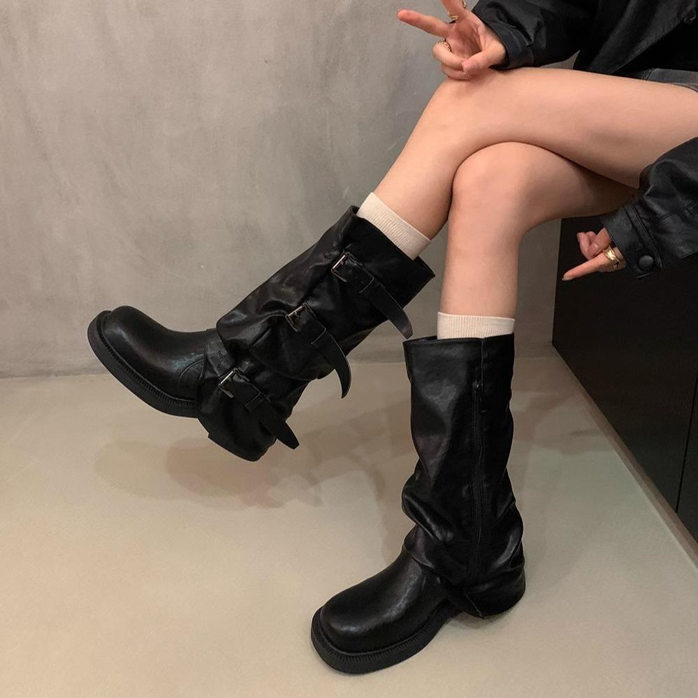 Retro Thick Heel Medium Tall Boots Western Cowboy Pile Boots Knight Boots Early Autumn French Women's Boots