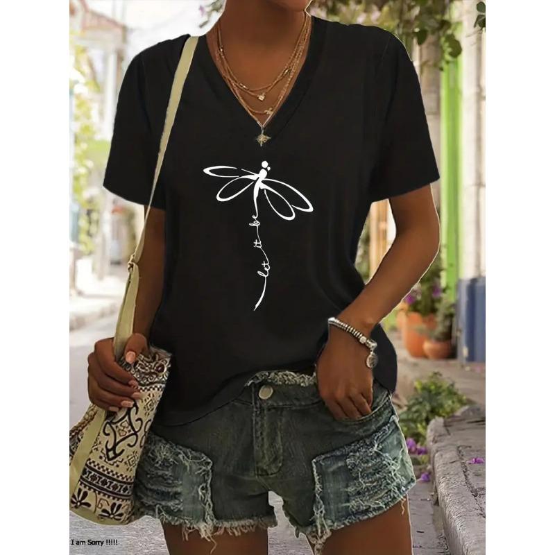 Summer V-neck 3D Dandelion Dragonfly Pattern Printed Top Fashionable Casual Short Sleeved Women's T-shirts