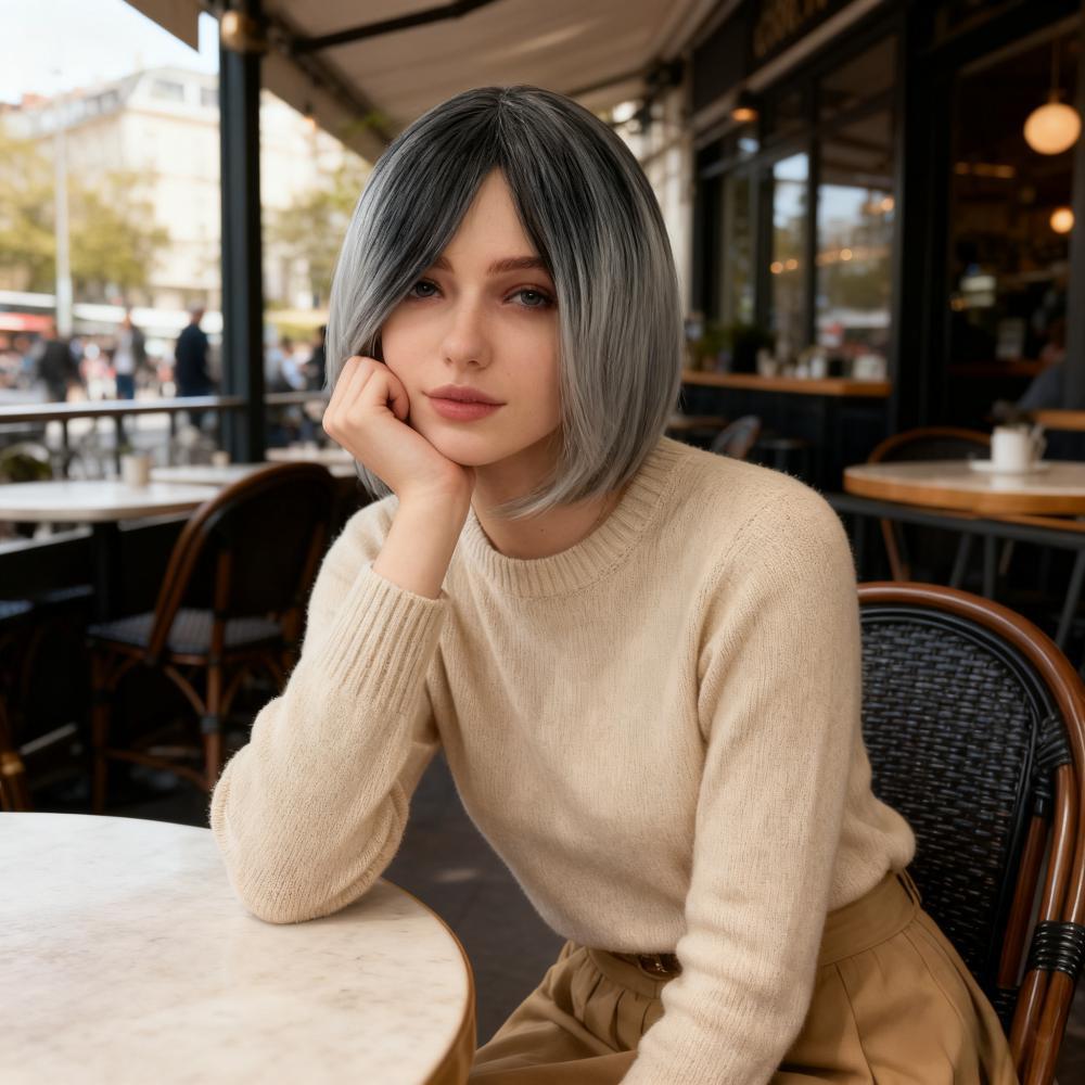 Парик средней длины с короткой стрижкой - Женский парик из высокотемпературного волокна для европейской и американской трансграничной торговли 30cm серый/чёрный