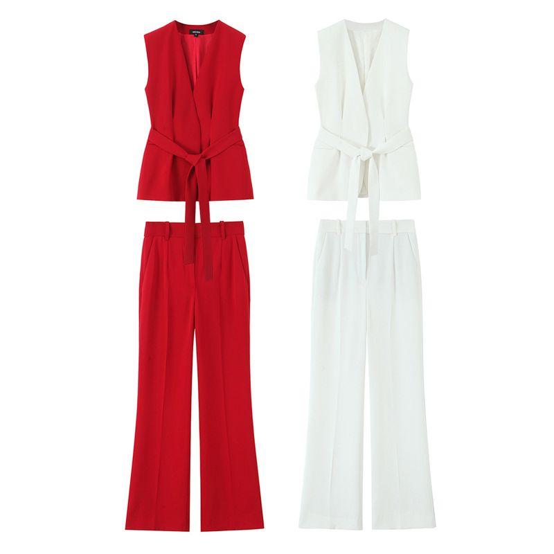 Zbzr Spring New Women clothes Western Style With Belt Vest Top Trumpet pants 2390198 2377198