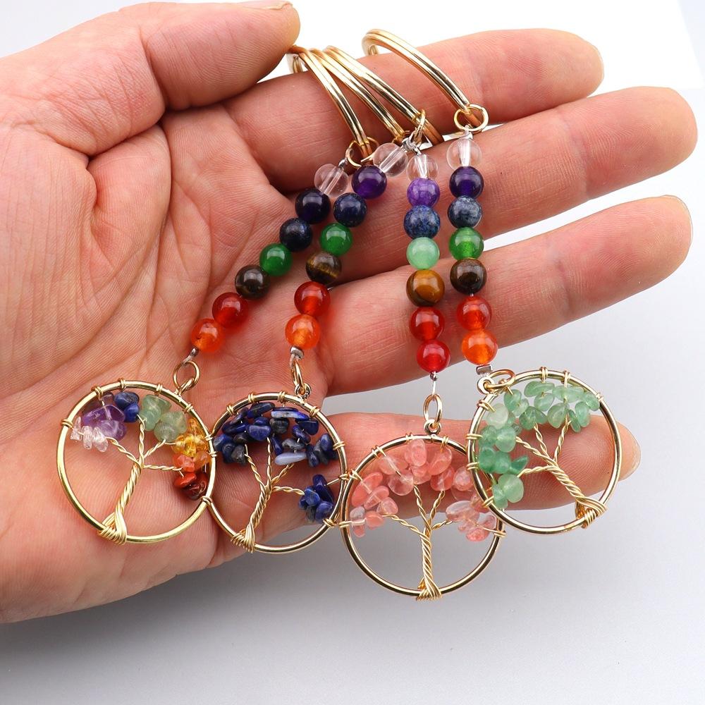 Gold Natural Crystal Colorful Stone Tree Of Life Keychain, Bag Pendant Pendant, Chakra Keychain K62