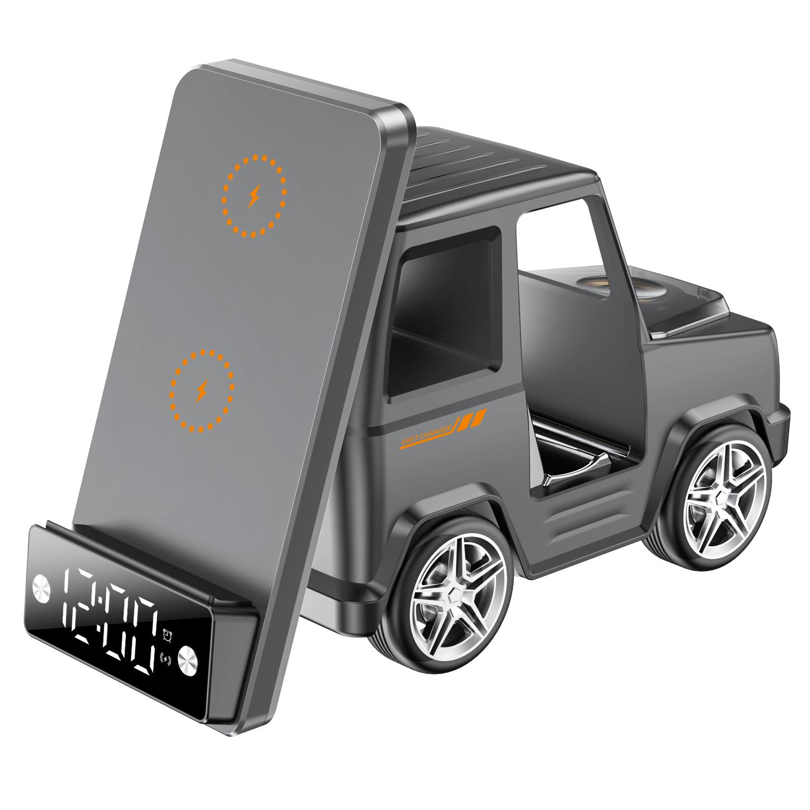 

G63 6-в-1 Форма автомобиля 15 Вт Настольная беспроводная зарядка Bluetooth-совместимый динамик Часы Атмосферный свет A