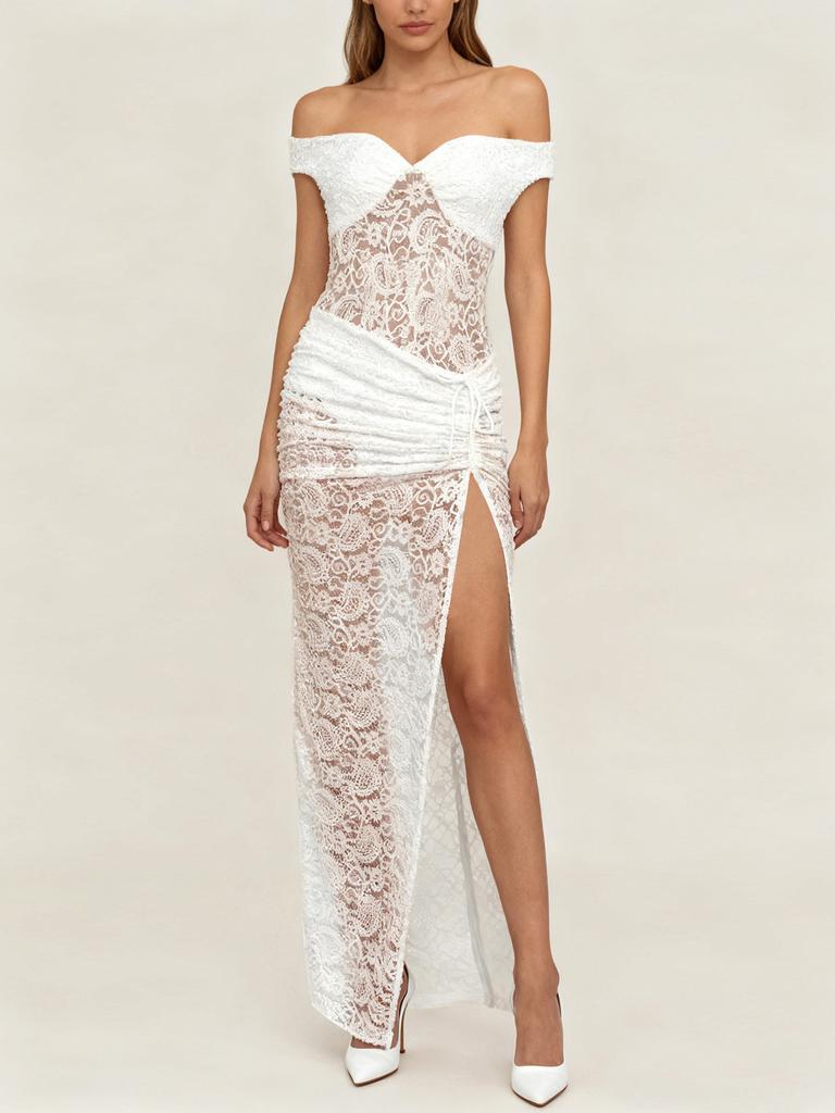 European and American style popular new dress tube top halter lace high split skirt shrink pleated hip wrap dress