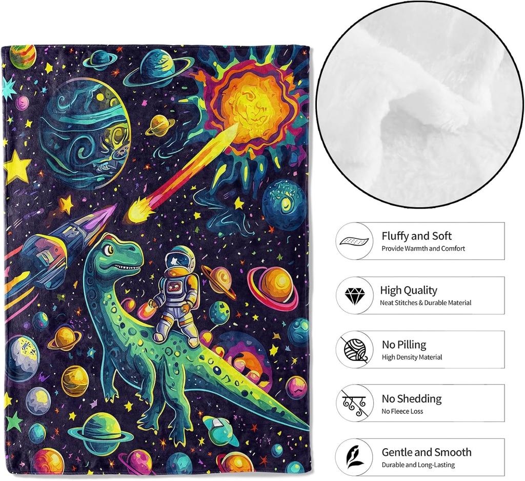 Space Adventure Dinosaur Throw Blanket,Soft,Lightweight Flannel,Astronaut Dino Planet Blankets - Gifts for Kids Boys Gir