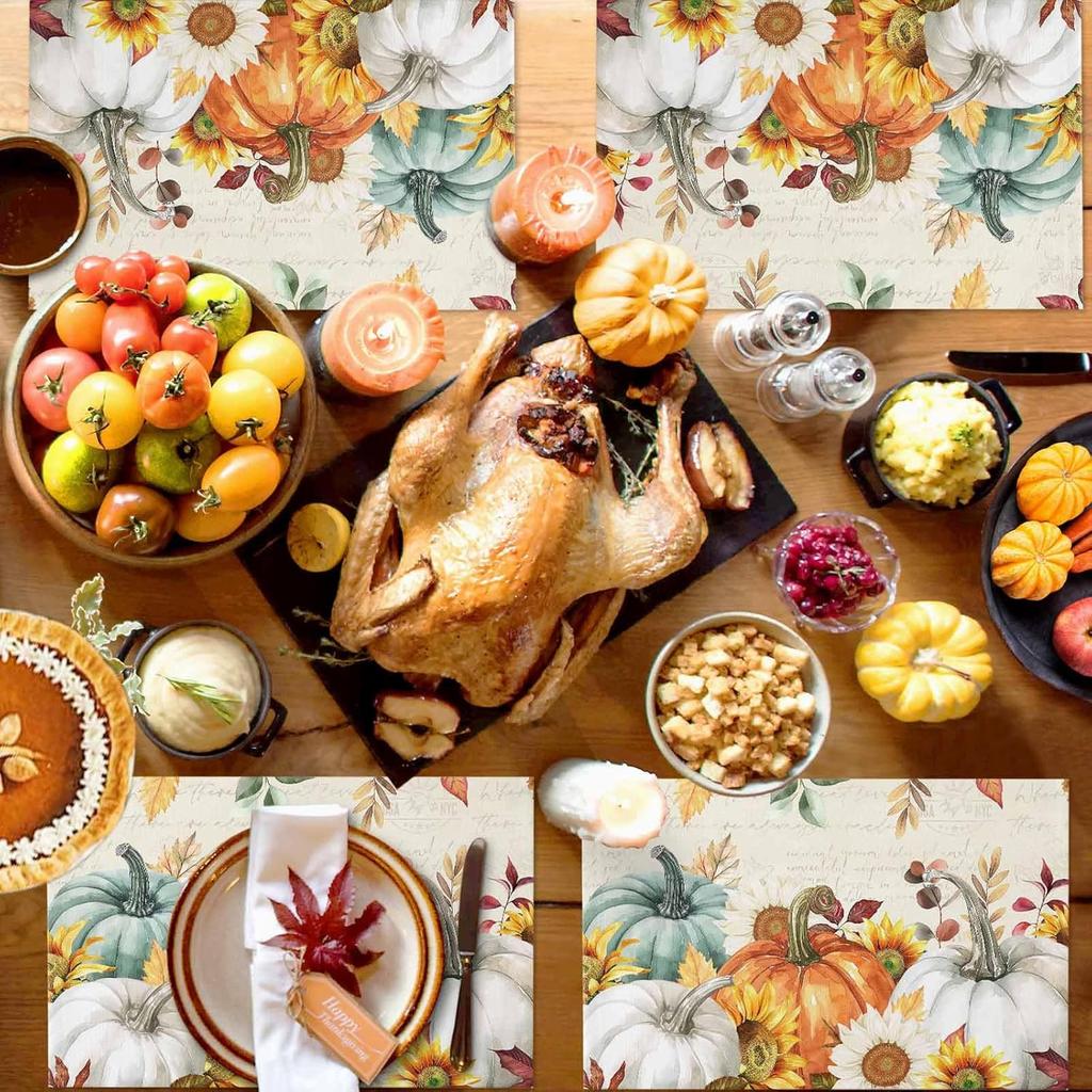 Fall Placemats Set of 6 Thanksgiving Pumpkin Table Mats, Farmhouse Sunflower Seasonal Holiday Outdoor Dining Table Place Mats for Home Party