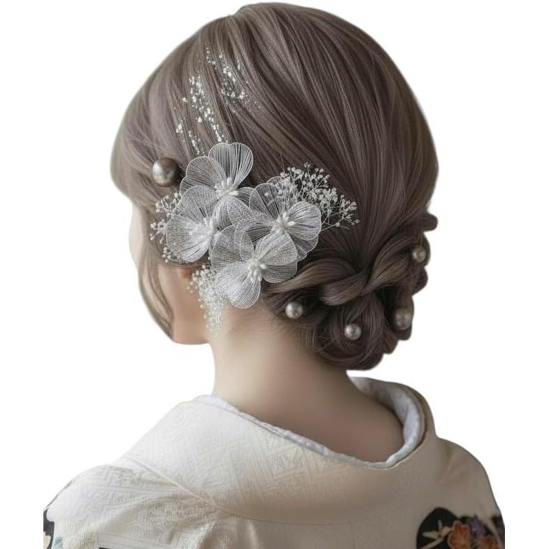 Lomeri Hair Accessory, Artificial Flowers, For Coming-of-Age Ceremony, Graduation, Furisode Kimono, Wedding, Japanese Attire, Silver Comb Accessory,