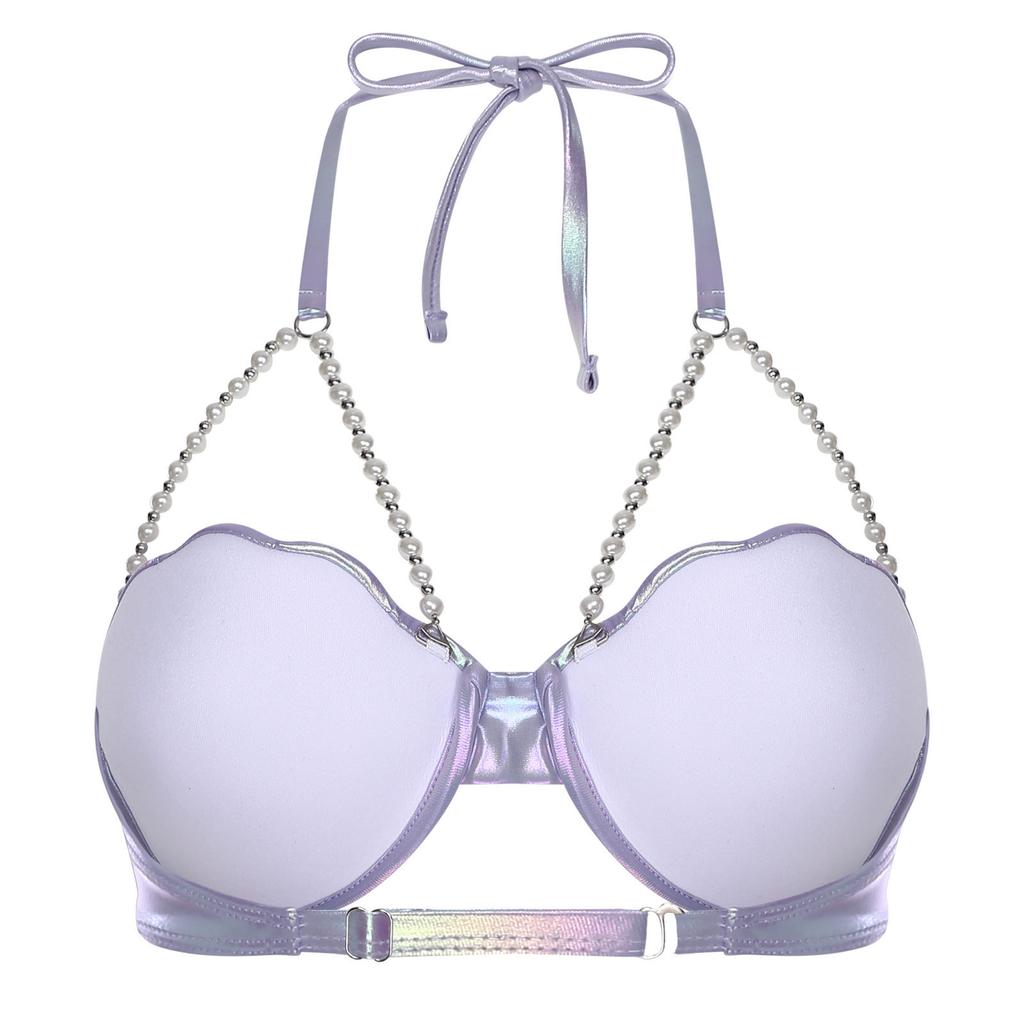 S-XXL Women‘s Glitter Mermaid Bikini Top: Halter Neck with Pearl Chains, Shell Shape & Light Padding for Beach Party