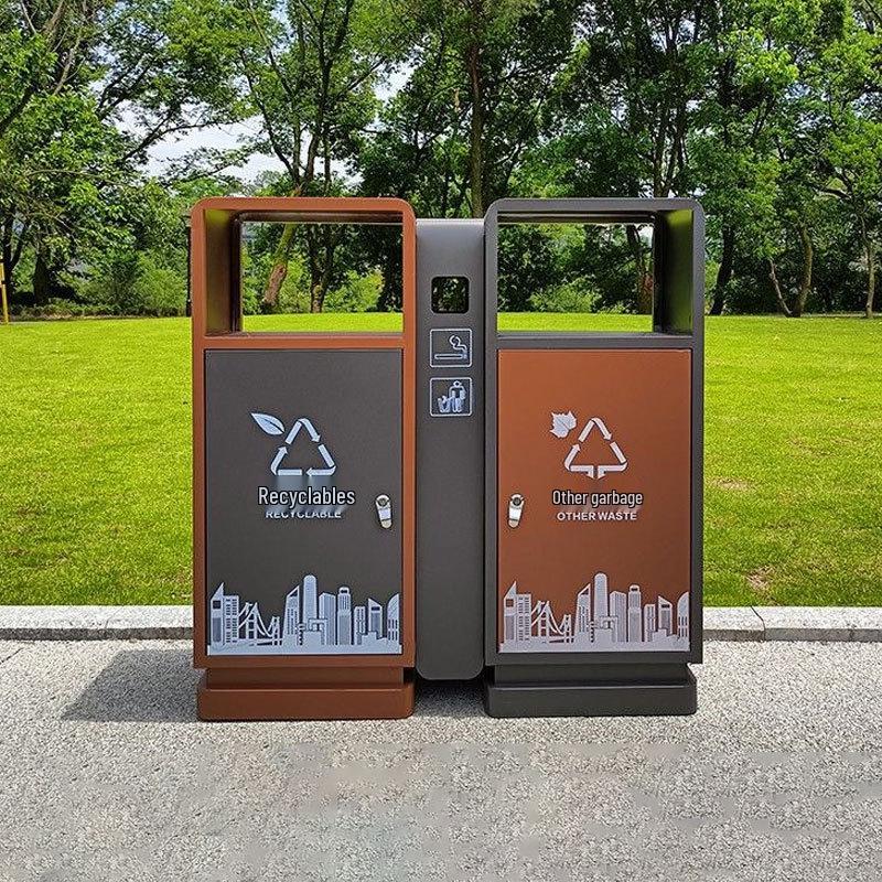 Stainless Steel Outdoor Trash Can with Waste Separation for Parks, Streets, and Scenic Areas