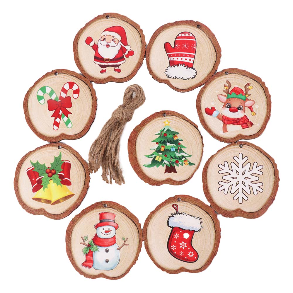18pcs/set Vintage Christmas Tree Wood Pendant Cartoon Xmas Tree Hanging Ornament New Year