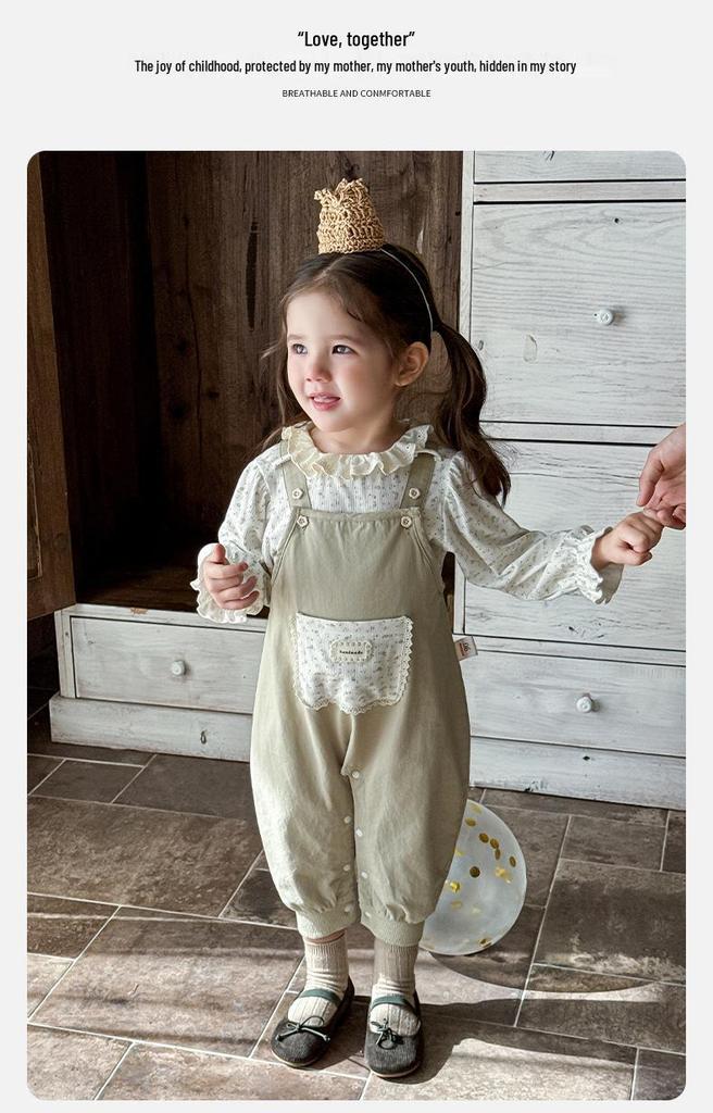 Trendig Koreansk Mori-stil Blommig Jumpsuit och Spets Tvådelat Set för Små Flickor