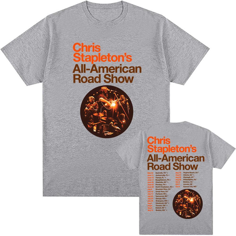 

All-American Road Show Tour 2026 T-shirt Band CHRIS STAPLETON Graphic Tshirts Unisex Streetwear Cotton Short Sleeve T Shirt L сірий