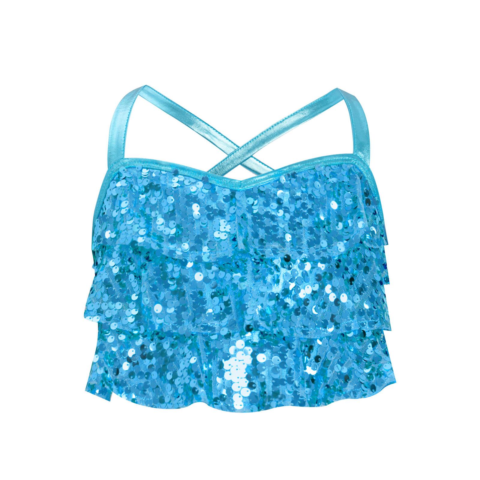 

Girls Glittery Sequins Tiered Ruffles Crop Top Cross Back Metallic Camisole Jazz Dance Performance Top 5-6 Years світло-синій колір