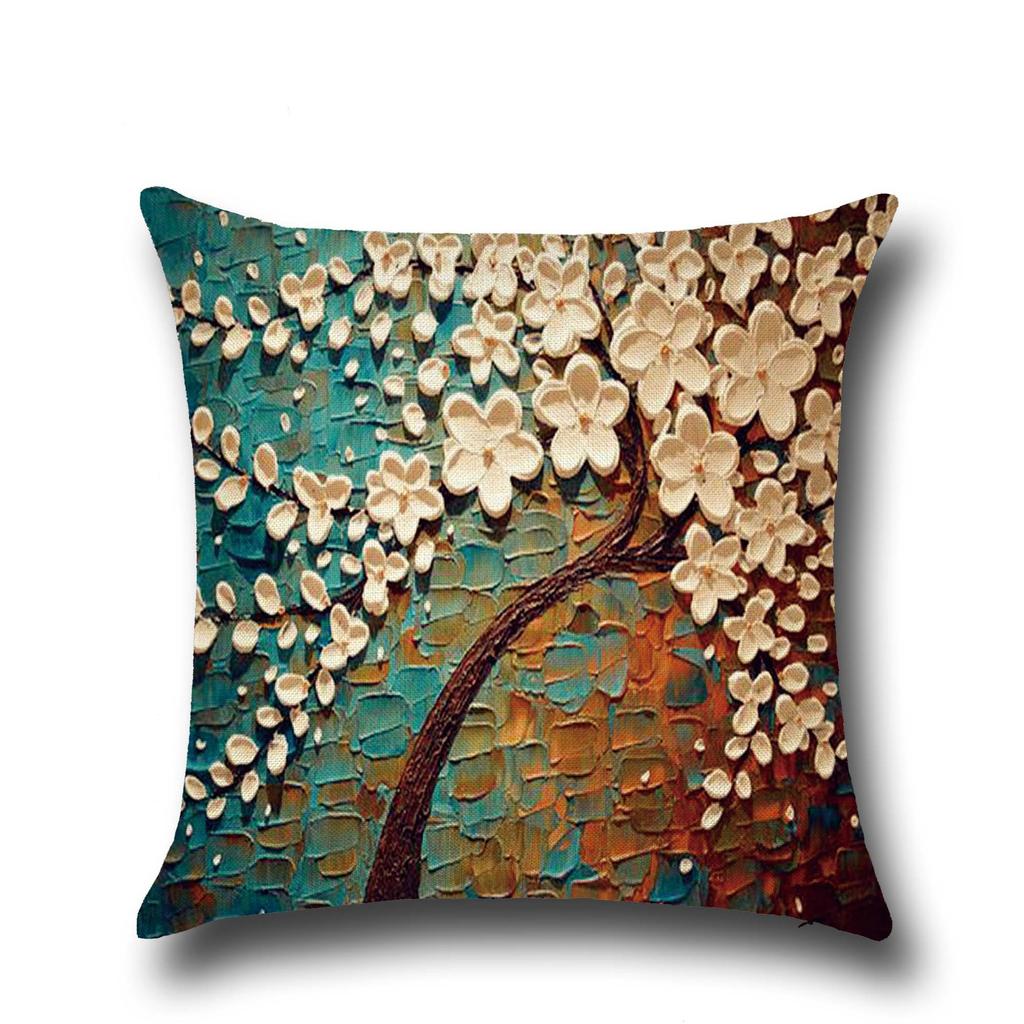 Three-dimensional Oil Painting Trees Flowers Cotton Linen Cushion Pillow Case Car Waist Cushion Cover