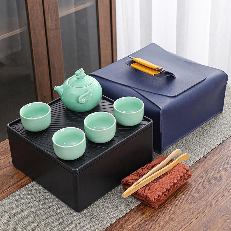 Portable Ceramic Travel Tea Set 1 Pot, 4 Cups, Blue Gift Box
