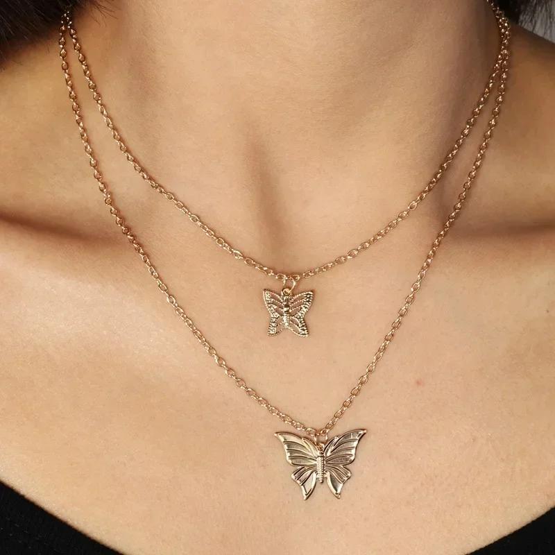 Fashion Punk Classic Double Layer Butterfly Necklace Wedding Jewelry Collar Chain Pendant Neckchain Accessories Creative Gifts