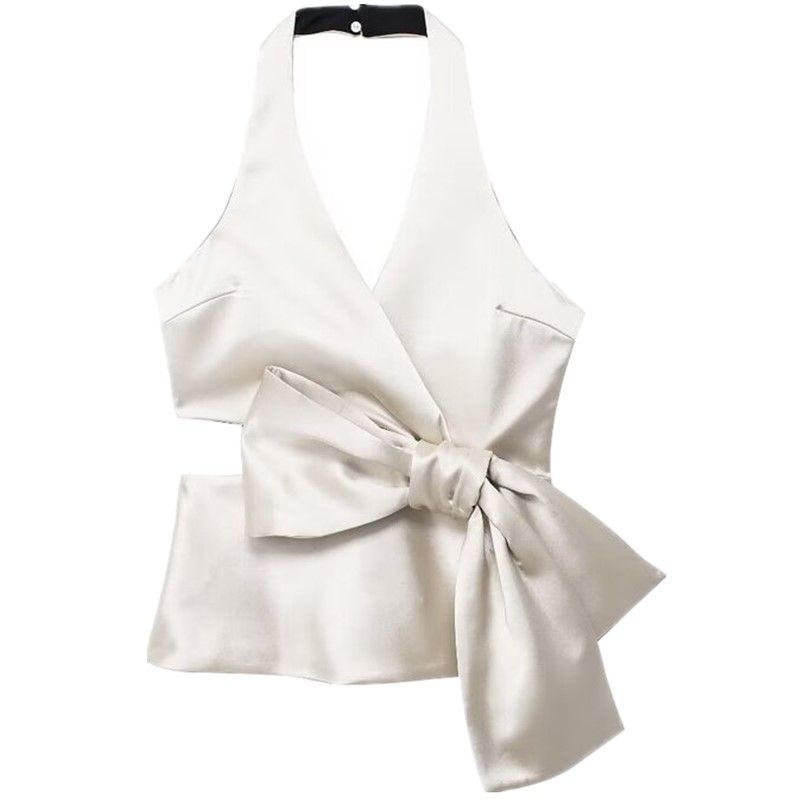 Fashion Style 2024 Summer New Arrival Women's Stylish Easiest for Match Bowknot Decoration Silk Satin Texture Tops 3506399