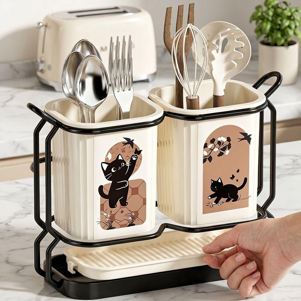 Cute Cat Kitchen Storage Basket Standing Durable Cutlery Holder Organizer No-drill Utensil Drying Rack Household