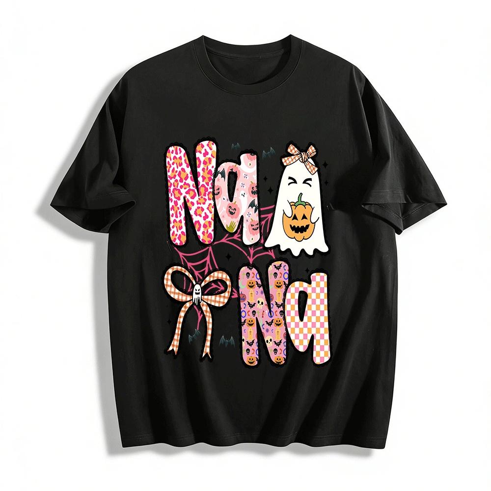 Halloween Nana Themed Top Pink Ghost Pumpkin Print Casual Tee Pure cotton T-shirt XXS