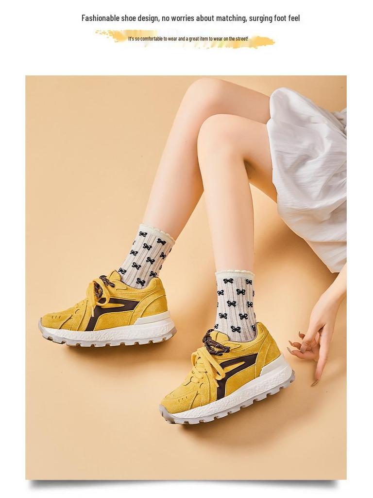 Genuine Leather 8CM Invisible Height Increasing Women's Retro Color Block Thick Sole Sports Shoes - Autumn 2025 Collection