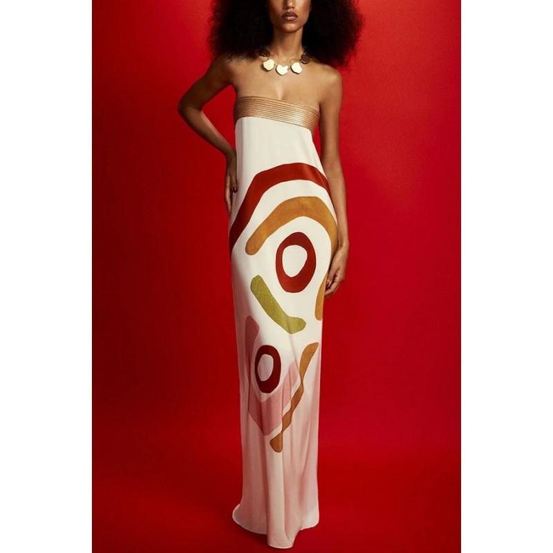 Satin Strapless A-Line Maxi Dress With Printed Women 2025 Small