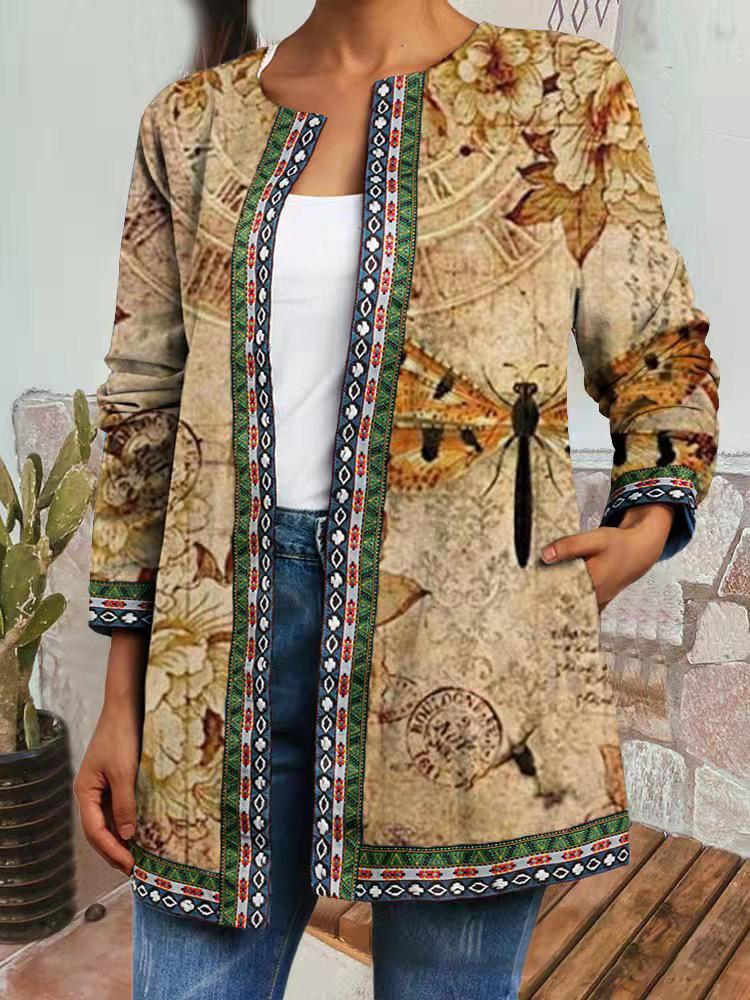 Women's Crew Neck Long Sleeve Cardigan Oversized Vintage Ethnic Print Plus Size Open Front Jacket Casual Outerwear
