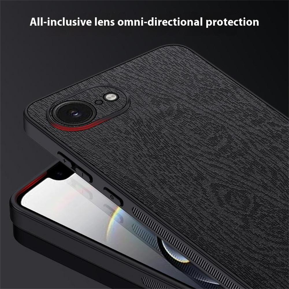 

For iPhone 16e Case Wood Texture PU Leather Coated PC TPU Phone Cover Grey