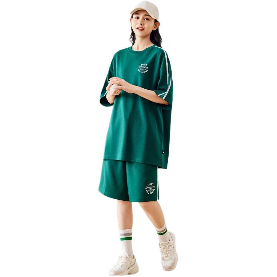 Anta Lifestyle Series Letter Striped Round Neck Short Sleeve T-Shirt Mid Waist Straight Leg Shorts Casual Sports Set Men sets Dark-Green 952428201-4