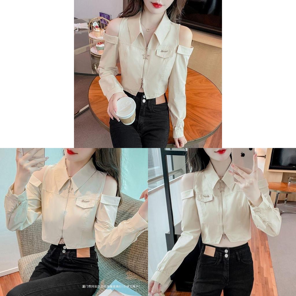 Off Shoulder Satin Shirt For Women With 3d Pattern And Polo Collar For Spring Season