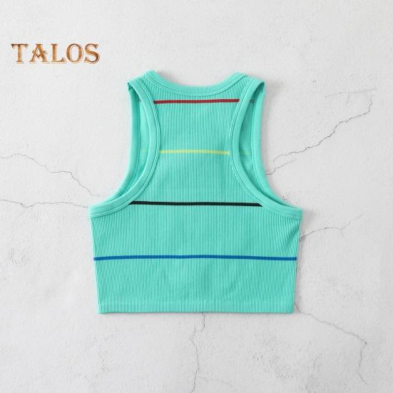 Damski prążkowany top na ramiączkach bez rękawów z okrągłym dekoltem, dopasowany, letni krótki top do noszenia na co dzień, na plażę, do sportu