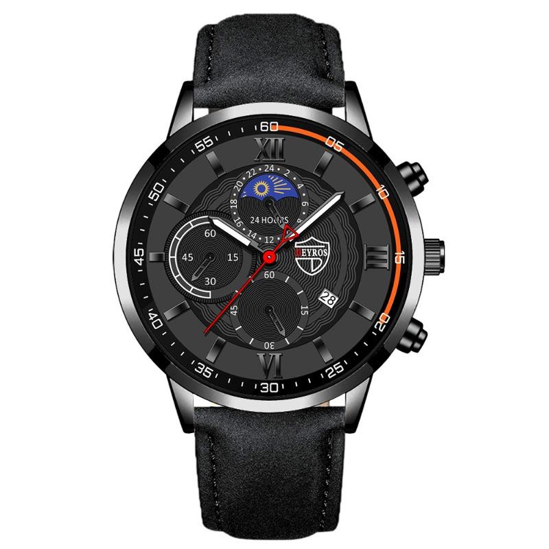 DEYROS Men's Watch Fashion Men's Business Leather Calendar Watch Men's Student Luminous Quartz Watch