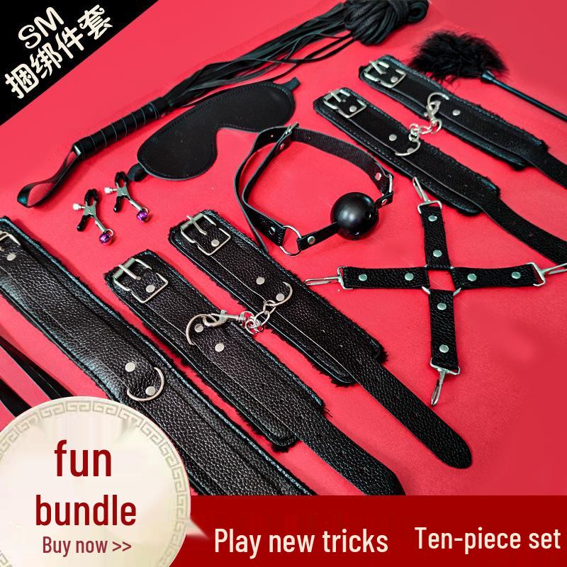 Flirty Bondage Set: Leather Handcuffs, Whip, Collar & Nipple Clamps