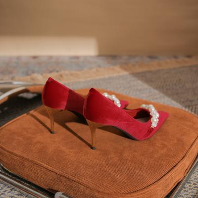 Wedding Shoes Xiuhe High-end Sexy Pointed High-heeled Women's Thin-heeled Pearl Single Shoes Temperament Socialite High-heeled Suede