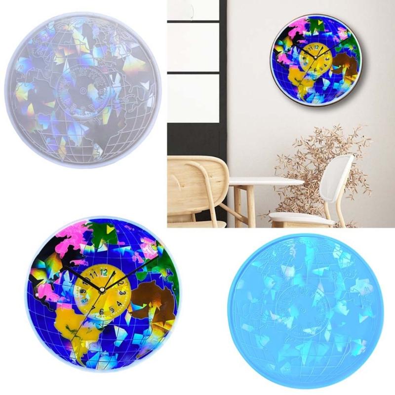 Holographic Earth Clock Silicone Mold DIY Round Clock Pendant Mold Epoxy Resin Mold for Making Crafts Decoration