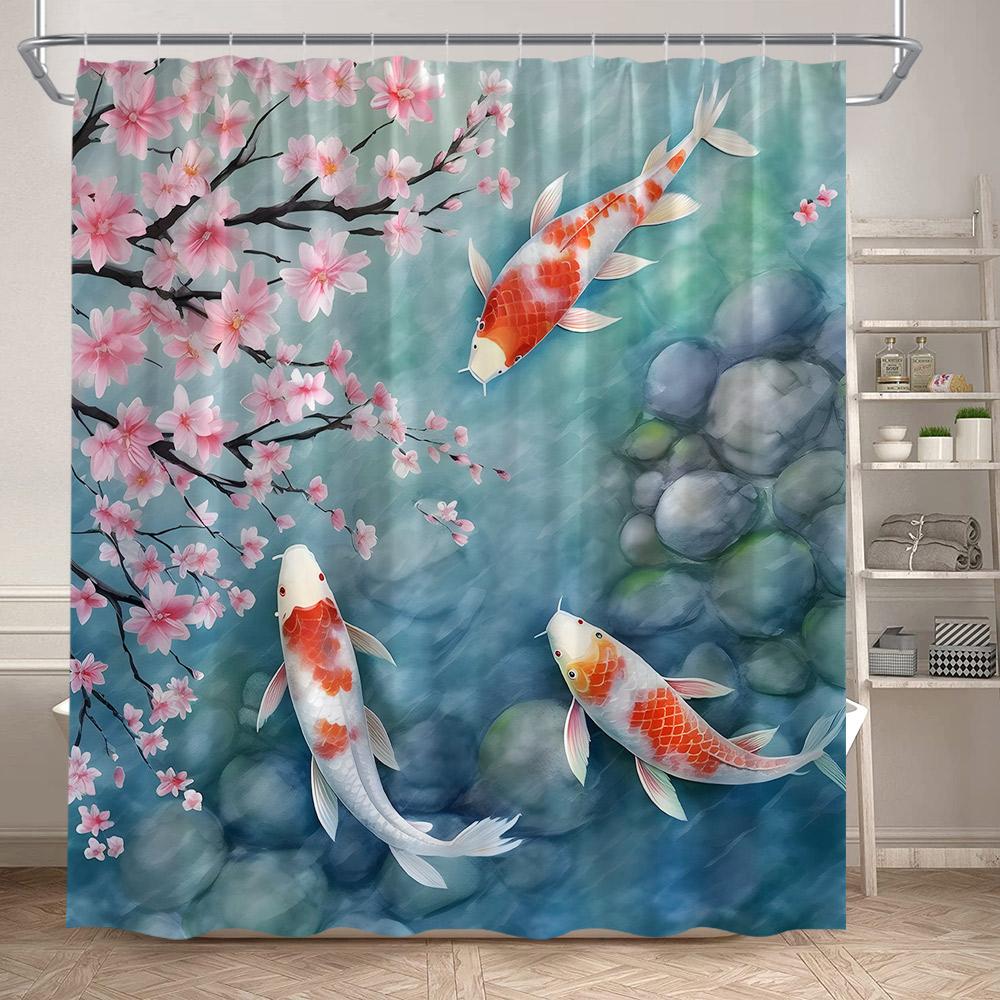 Pink Cherry Blossom Koi Fish Shower Curtains Watercolour Floral Lotus Leaves Carp Japanese Style Bathroom Curtain Set Home Decor