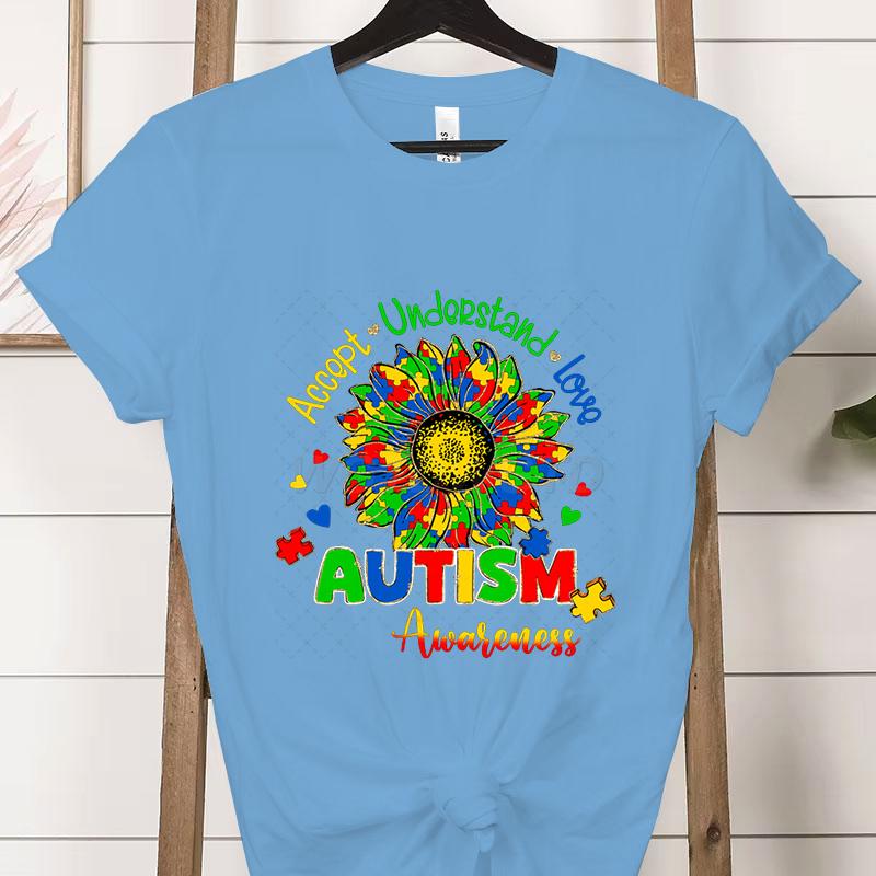 Autism Awareness Woman Tshirts Accept Understand Love Shirt Autism Teacher Gift Autism Gift for Mom Proud Short Sleeve Tshirt